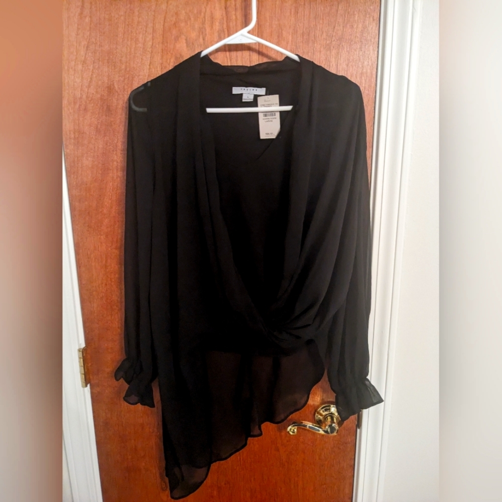 Asymmetrical Blouse in Black with Ruffled Sleeves, Size Large